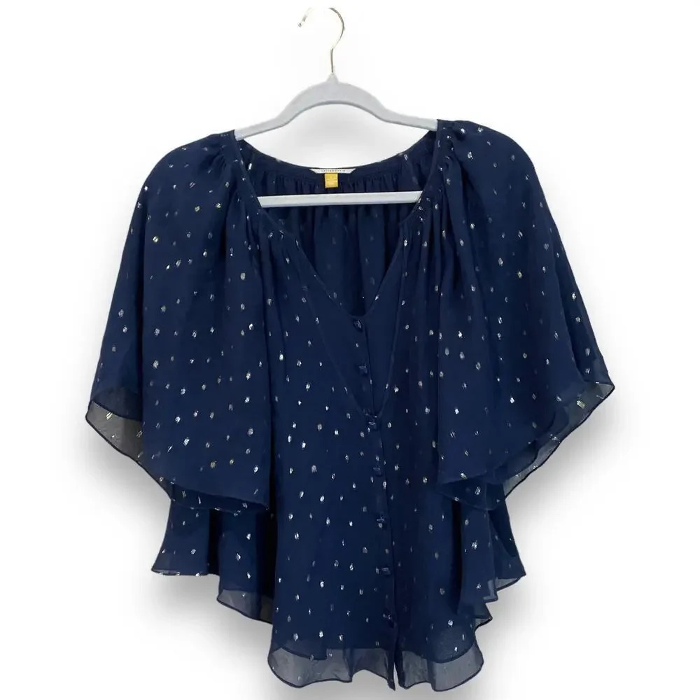 ANTHROPOLOGIE Leifstoddir Blue Silk Blouse Metallic Flowy Feminine Size 6